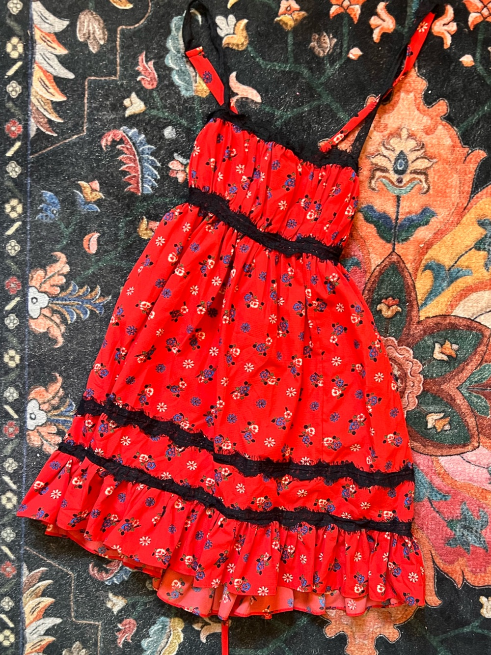 Urban Outfitters Red Floral Tiered Mini Dress with Black Lace Trim